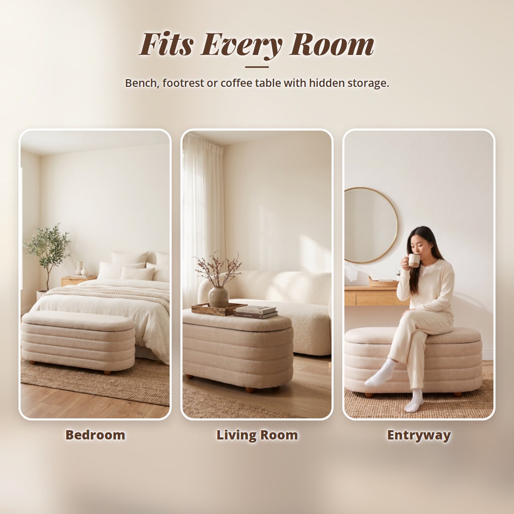 [Table Matters] Oval Fabric Storage Ottoman Bench - [90cm, 107cm]