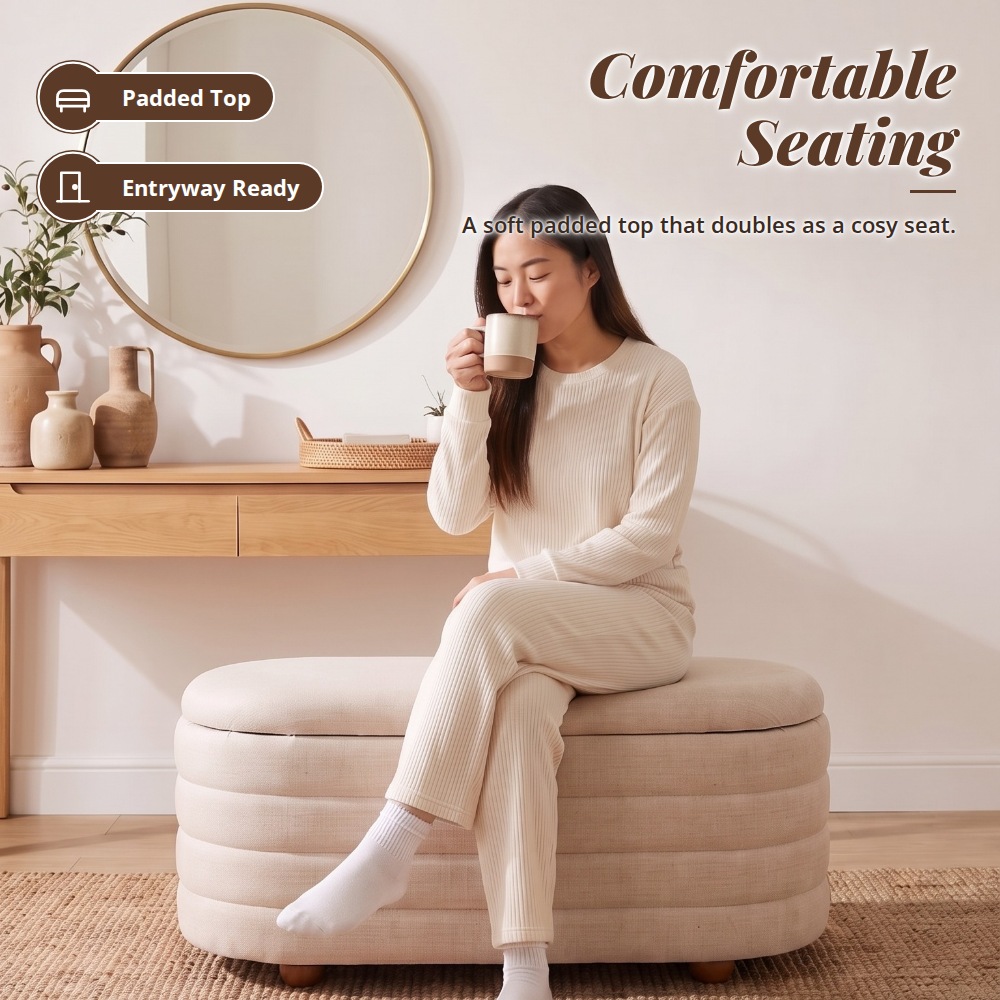 [Table Matters] Oval Fabric Storage Ottoman Bench - [90cm, 107cm]