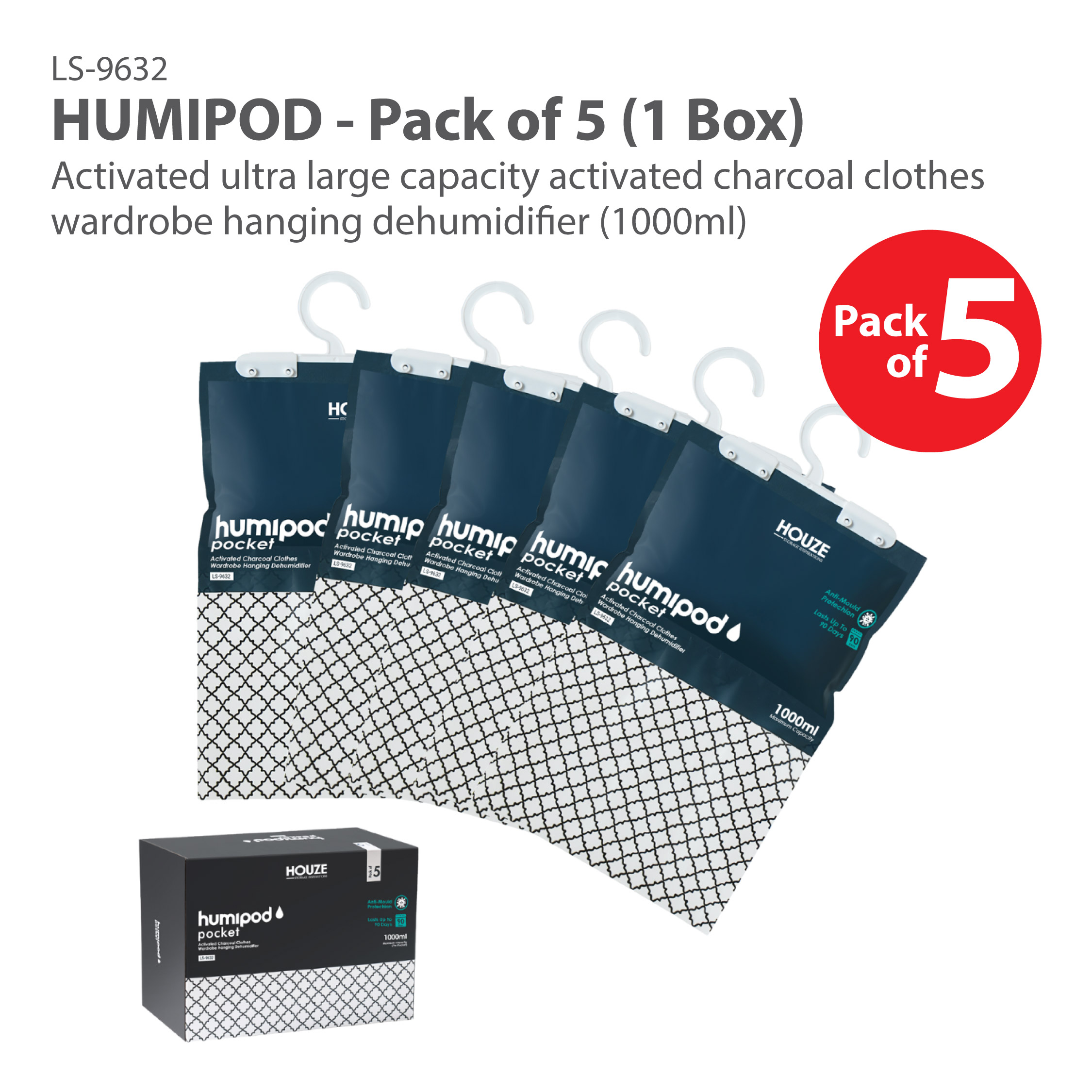 HOUZE - HUMIPOD Pocket Activated Charcoal Dehumidifier - Clothes Hanging