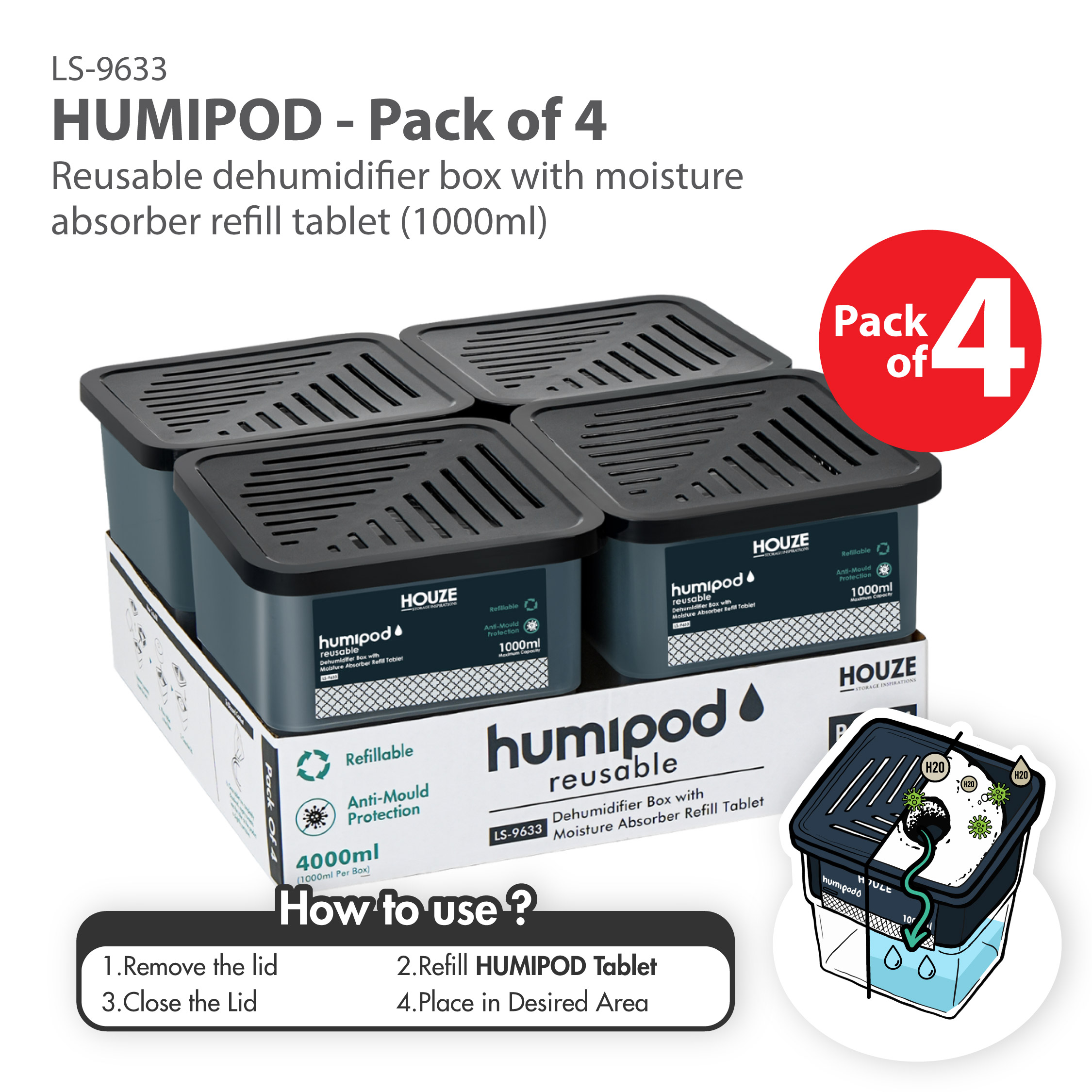 HOUZE - HUMIPOD Reusable Activated Charcoal Dehumidifier - Reusable Tablet