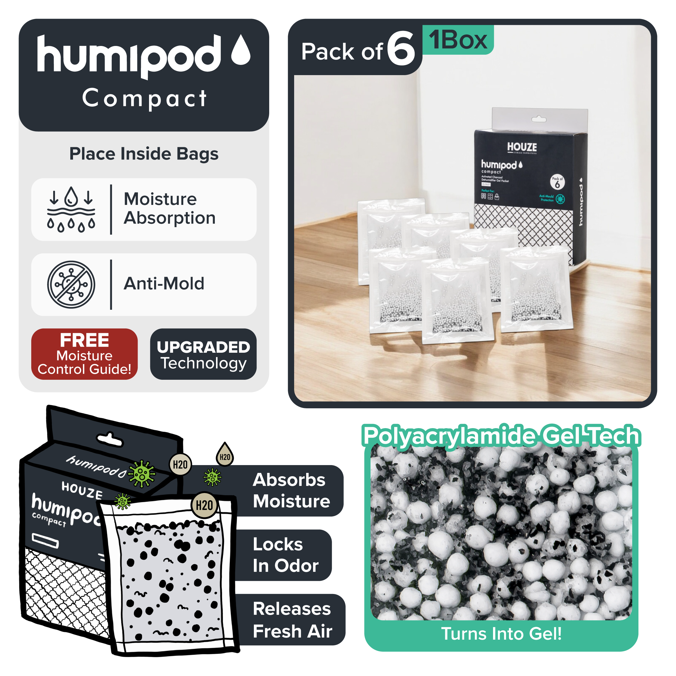 HOUZE - HUMIPOD Compact Activated Charcoal Dehumidifier - 'Gel Sachet For Drawers'