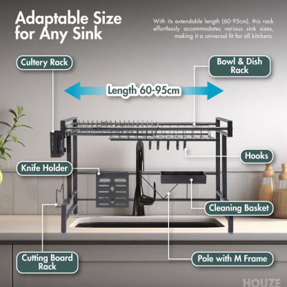 All-In-One Over Sink Extendable Kitchen Dish Rack (Length: 60-95cm) - Organizer | Space saver