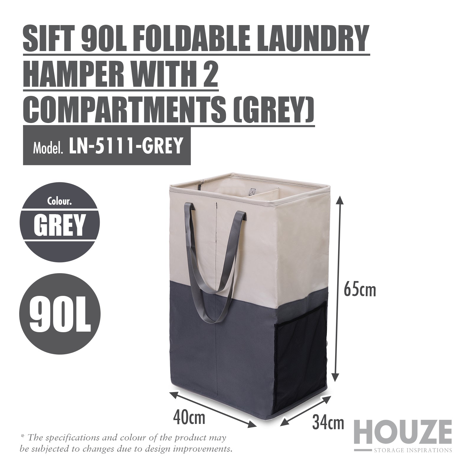 HOUZE - SIFT 90L Foldable Laundry Hamper with 2 Compartments Grey | Khaki - Washing | Kitchen | Bathroom |Organizer