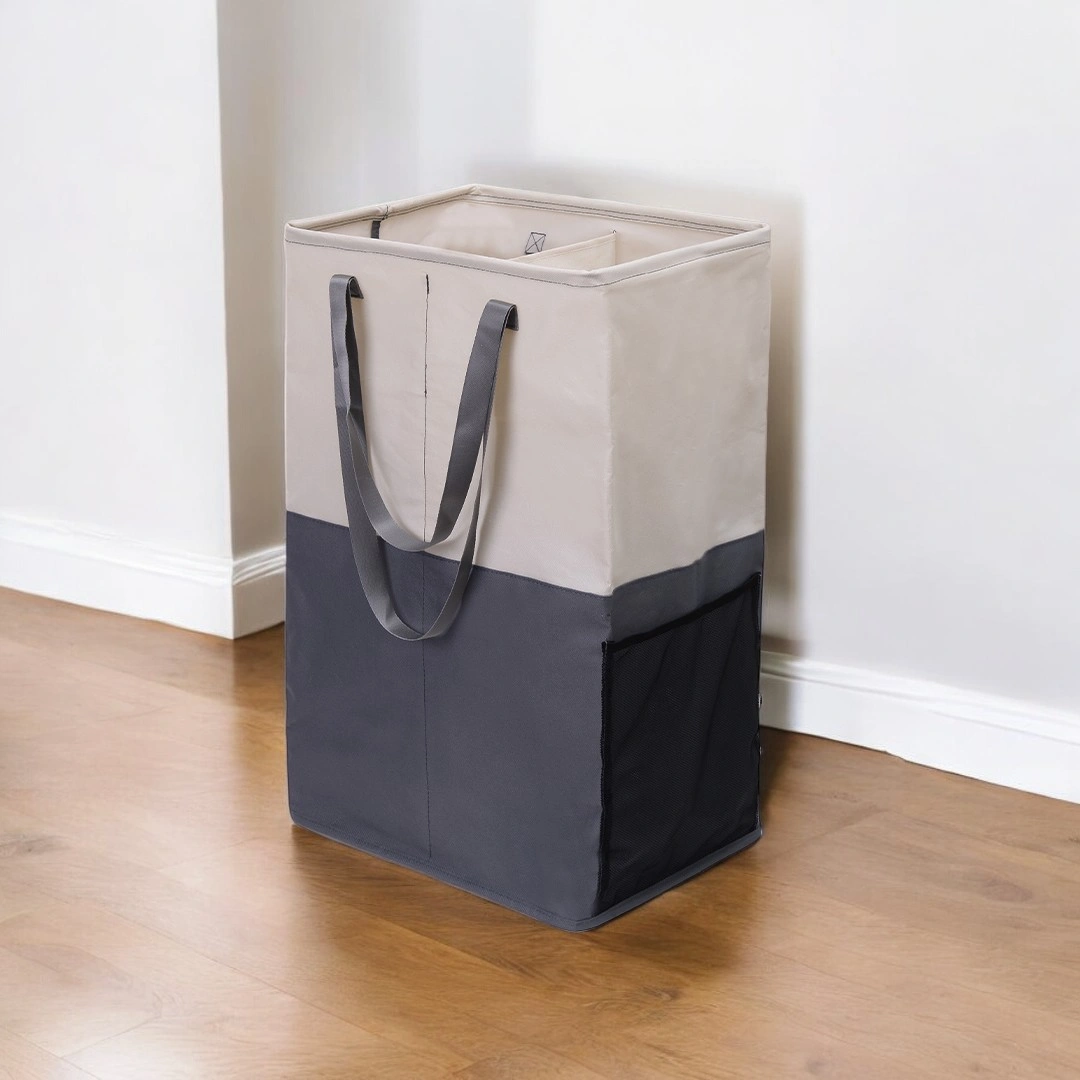 HOUZE - 'SIFT' 90L Foldable Laundry Hamper with 2 Compartments Grey | Khaki - Washing | Kitchen | Bathroom |Organizer