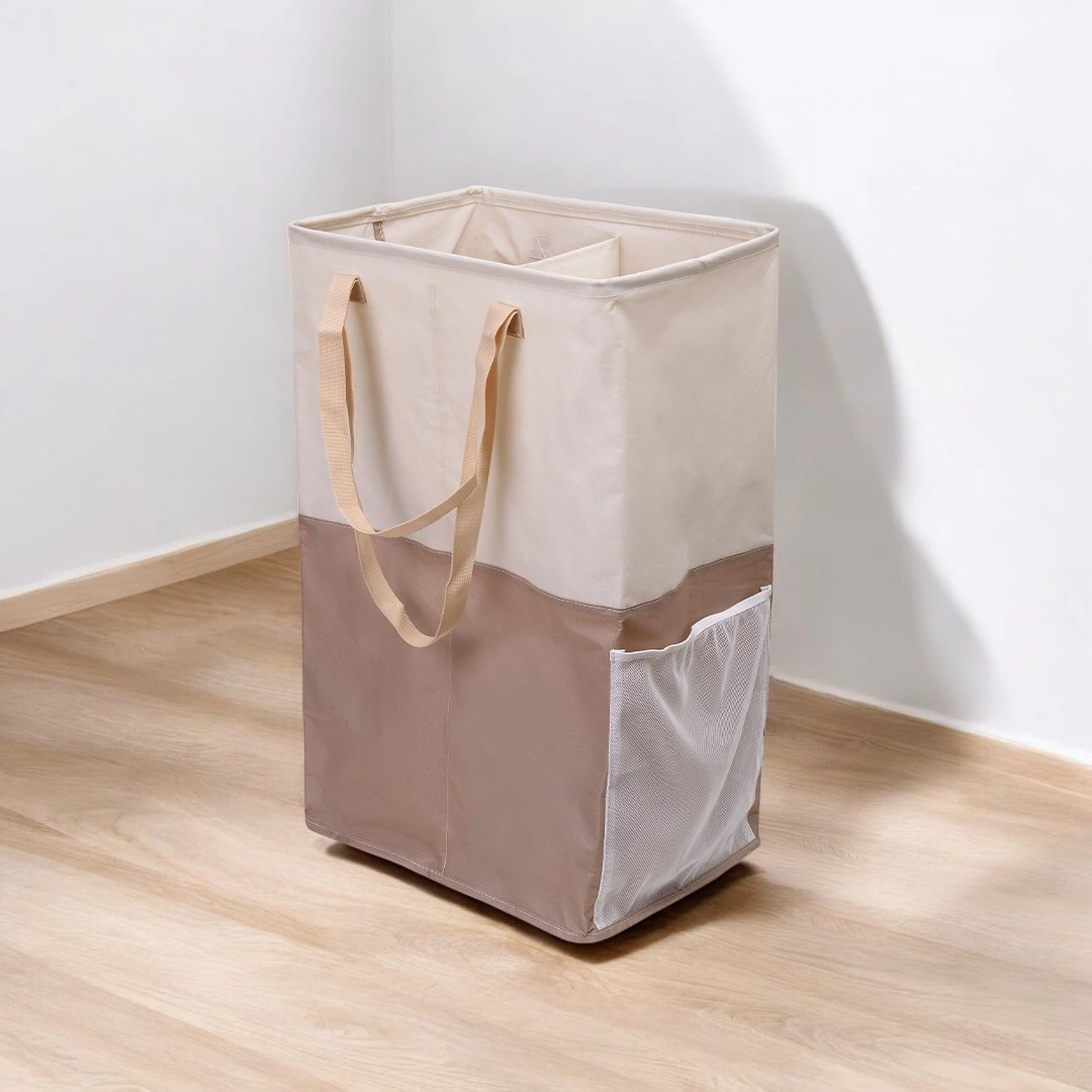 HOUZE - 'SIFT' 90L Foldable Laundry Hamper with 2 Compartments Grey | Khaki - Washing | Kitchen | Bathroom |Organizer