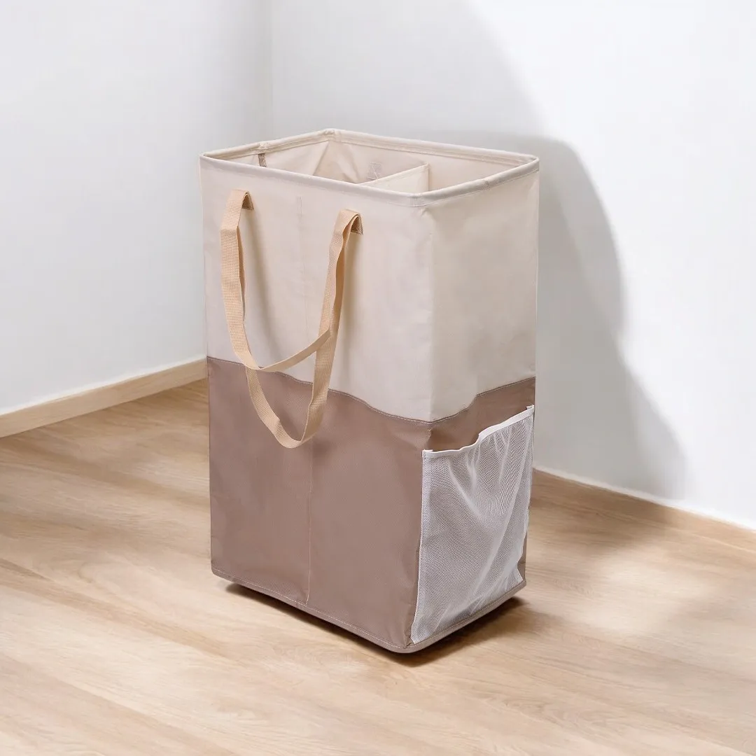 HOUZE - 'SIFT' 90L Foldable Laundry Hamper with 2 Compartments Grey | Khaki - Washing | Kitchen | Bathroom |Organizer