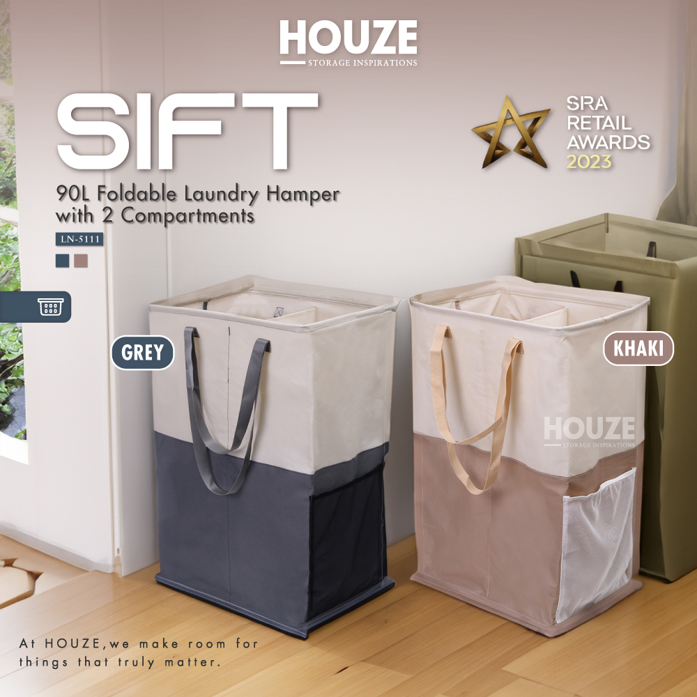 SIFT 90L Foldable Laundry Hamper with 2 Compartments Grey | Khaki - Washing | Kitchen | Bathroom |Organizer