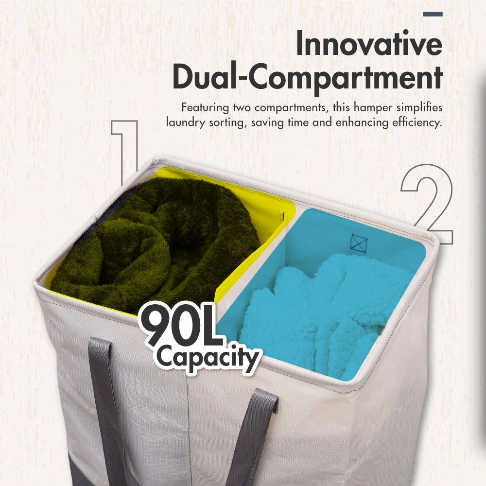HOUZE - 'SIFT' 90L Foldable Laundry Hamper with 2 Compartments Grey | Khaki - Washing | Kitchen | Bathroom |Organizer