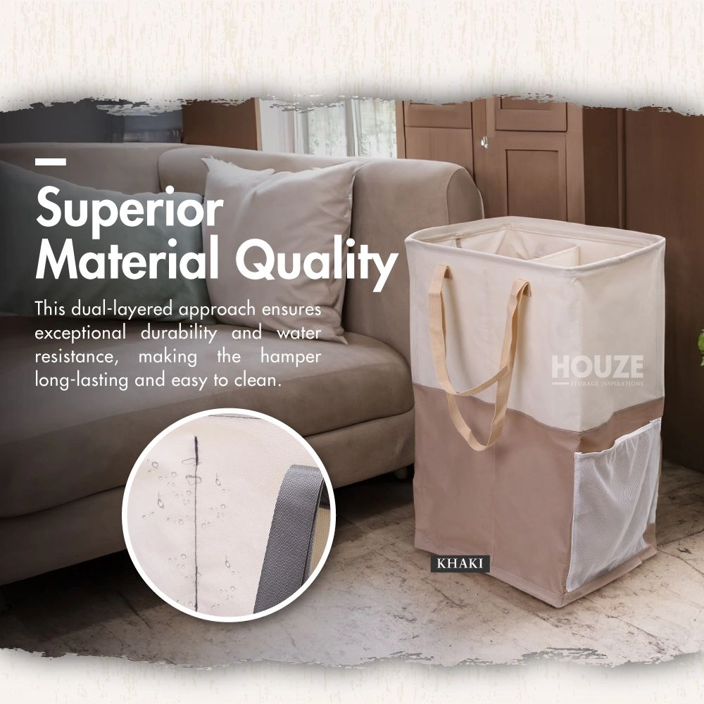 HOUZE - 'SIFT' 90L Foldable Laundry Hamper with 2 Compartments Grey | Khaki - Washing | Kitchen | Bathroom |Organizer