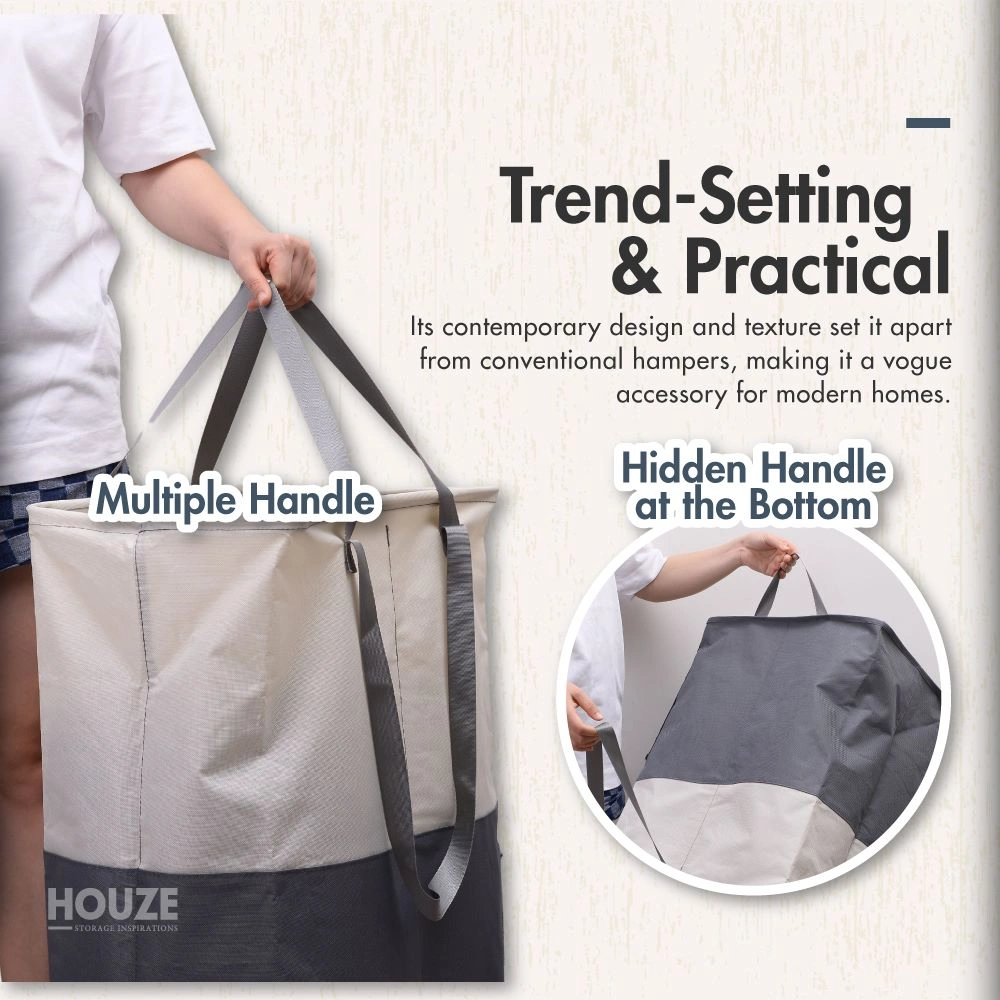 HOUZE - 'SIFT' 90L Foldable Laundry Hamper with 2 Compartments Grey | Khaki - Washing | Kitchen | Bathroom |Organizer