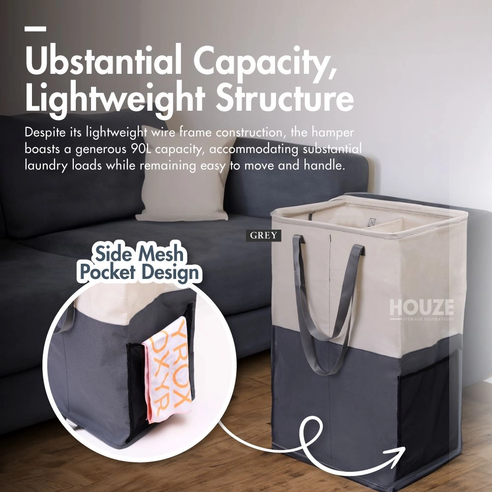 HOUZE - 'SIFT' 90L Foldable Laundry Hamper with 2 Compartments Grey | Khaki - Washing | Kitchen | Bathroom |Organizer