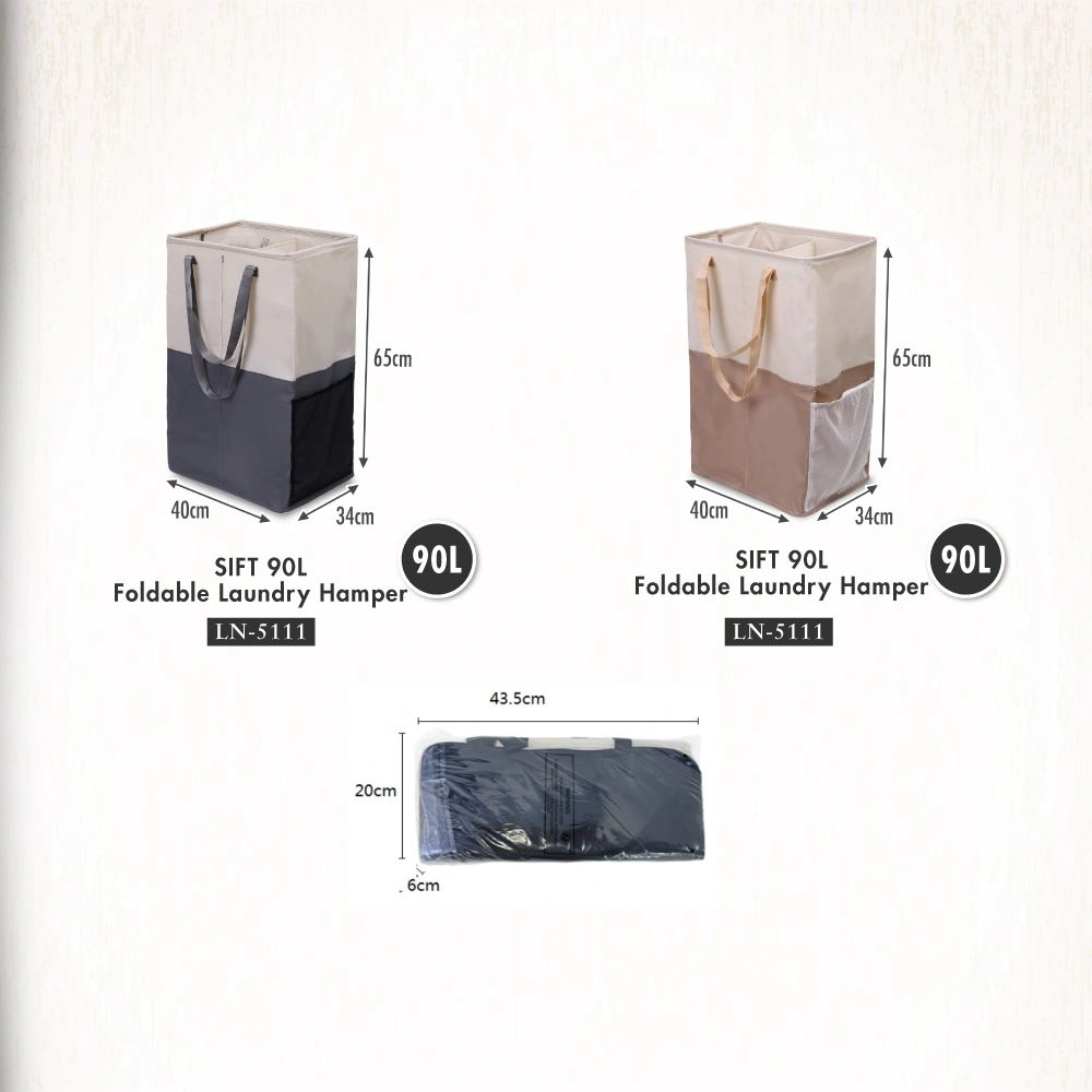 HOUZE - 'SIFT' 90L Foldable Laundry Hamper with 2 Compartments Grey | Khaki - Washing | Kitchen | Bathroom |Organizer