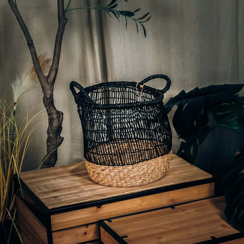 ecoHOUZE Seagrass Woven Basket With Handles - Black (Medium)
