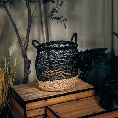 ecoHOUZE Seagrass Woven Basket With Handles - Black (Large)