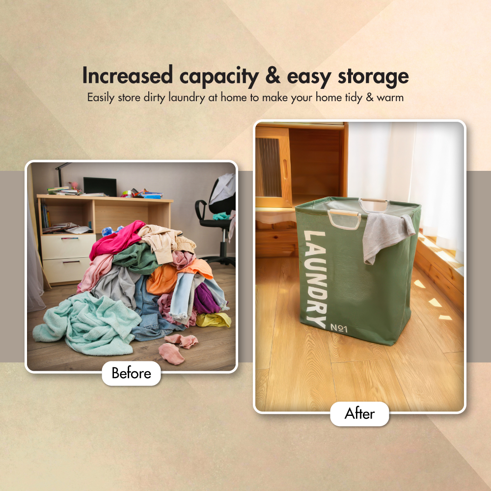 Dobi Foldable Cotton Laundry Hamper with Wooden Handle Laundry Bag - Washing | Kitchen | Bathroom | Organizer | Basket