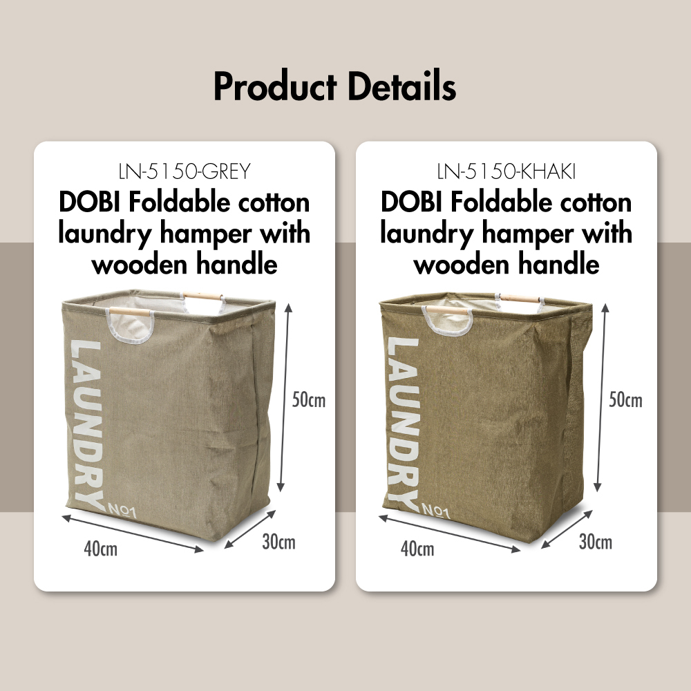 Dobi Foldable Cotton Laundry Hamper with Wooden Handle Laundry Bag - Washing | Kitchen | Bathroom | Organizer | Basket
