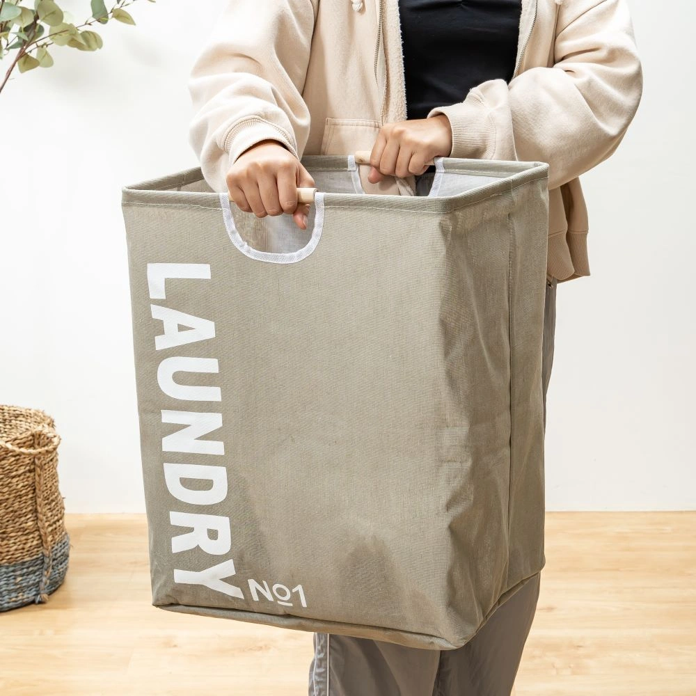 HOUZE - Dobi Foldable Cotton Laundry Hamper with Wooden Handle Laundry Bag - Washing | Kitchen | Bathroom | Organizer | Basket