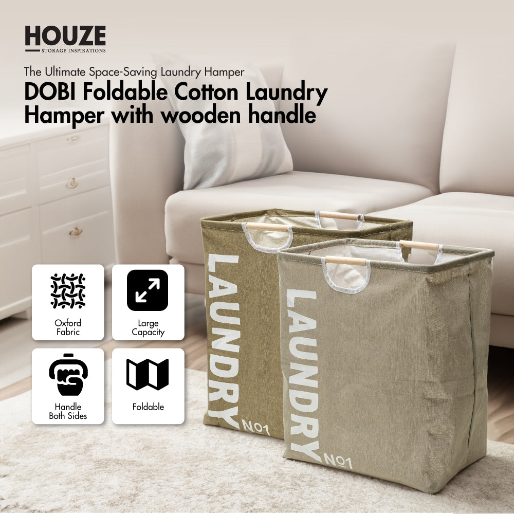 HOUZE - Dobi Foldable Cotton Laundry Hamper with Wooden Handle Laundry Bag - Washing | Kitchen | Bathroom |Organizer | Plastic