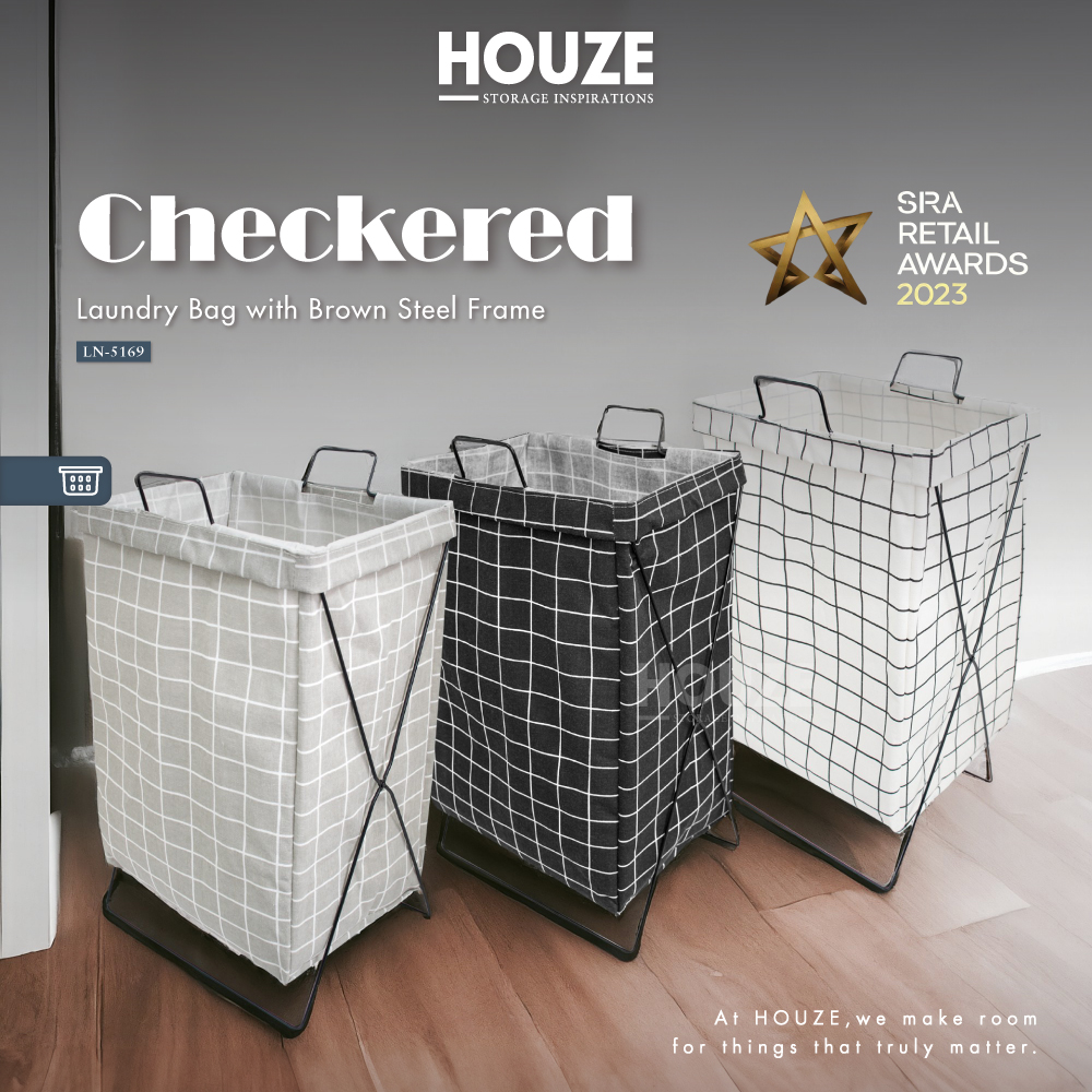 Checkered Laundry Bag with Brown Steel Frame - Storage | Organizer