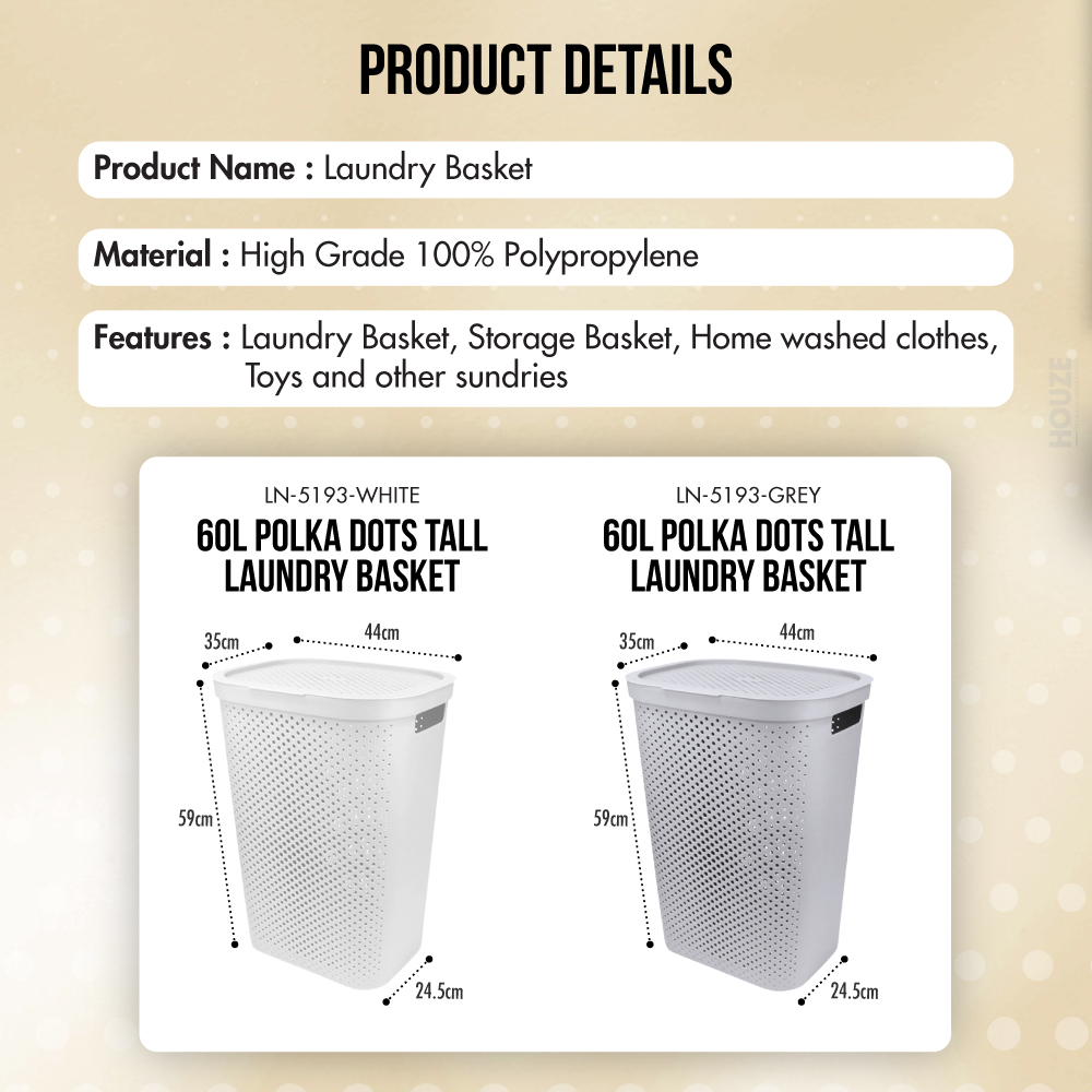 60L Polka Dots Tall Laundry Basket - Container | Organizer | Clothes |Storage| Multi-purpose | Plastic