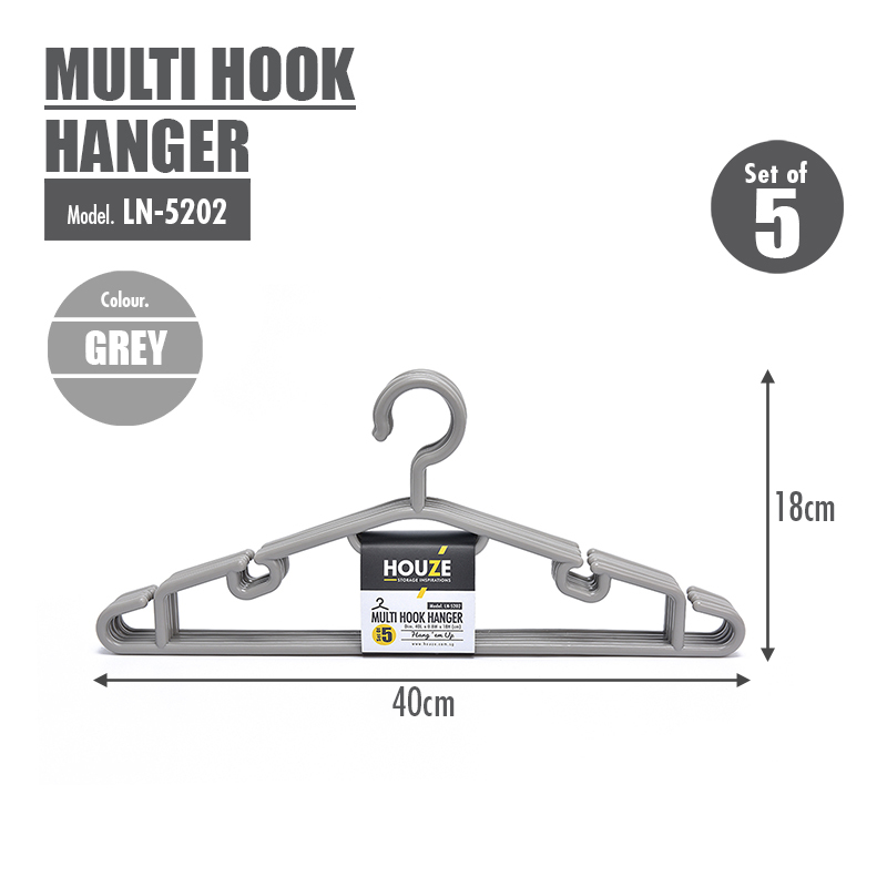 [SET OF 5] - Multi Hook Hanger - Grey