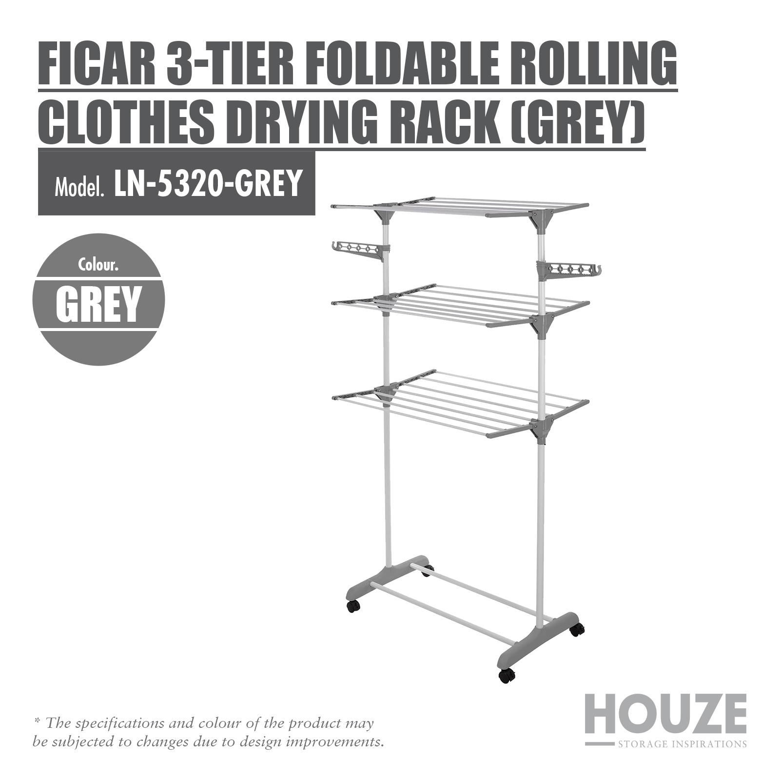Ficar 3-Tier Foldable Rolling Clothes Drying Rack