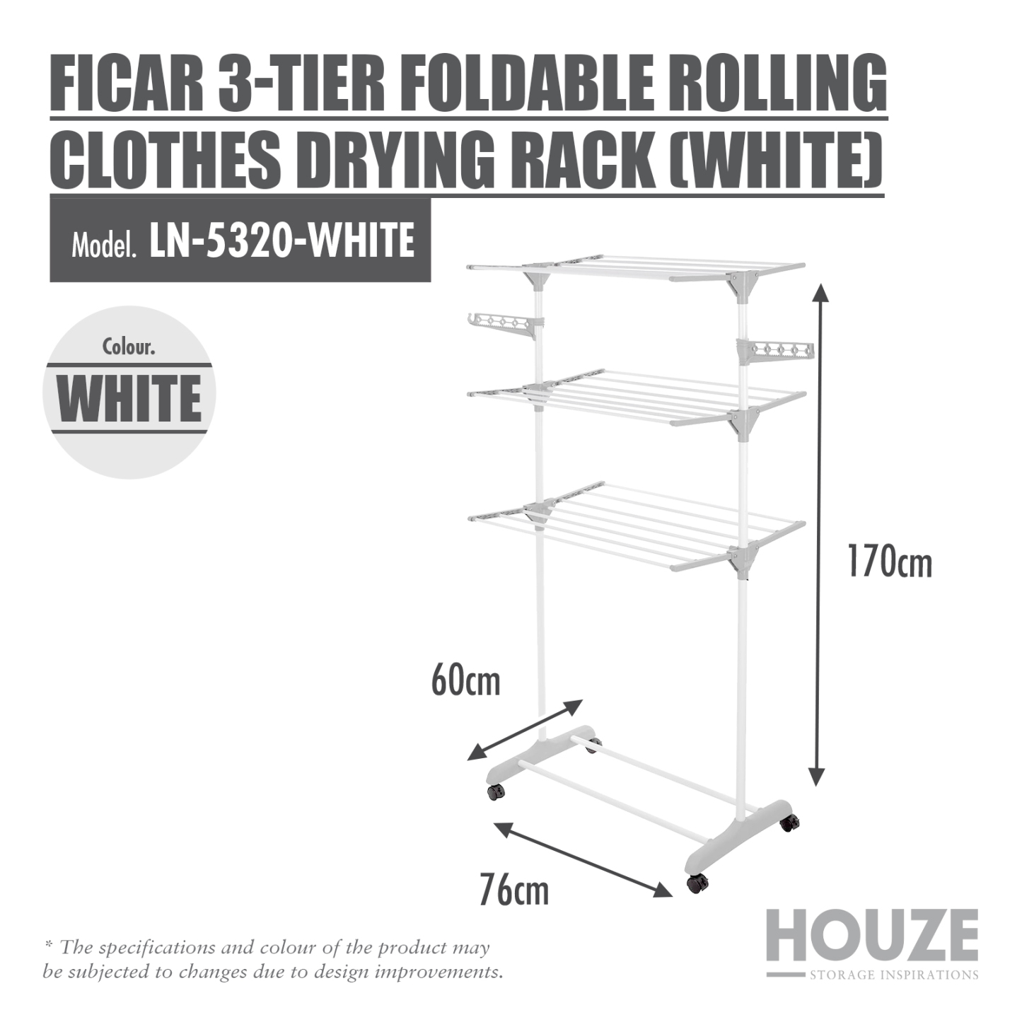 Ficar 3-Tier Foldable Rolling Clothes Drying Rack