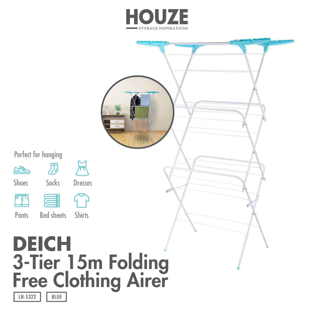 Deich 3-Tier 15M Folding Free Clothes Airer (Blue) - Laundry | Rack | Organizer | Towels