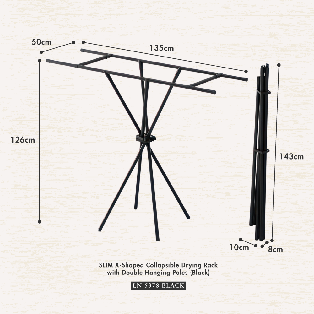 SLIM X-Shaped Collapsible Drying Rack with Double Hanging Poles (Black)