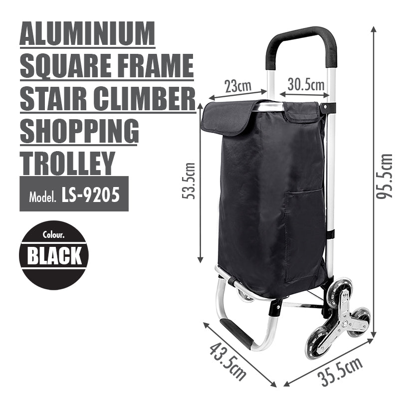 Aluminium Stair Climber Shopping Trolley with Front and Side Pockets and Aluminium Frame Stair Climber Shopping Trolley (Black)