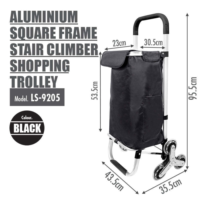 Aluminium Stair Climber Shopping Trolley with Front and Side Pockets and Aluminium Frame Stair Climber Shopping Trolley (Black)