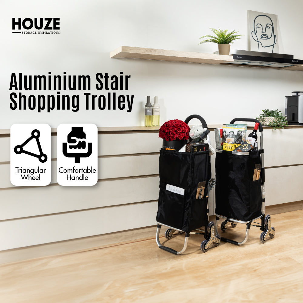 Aluminium Stair Climber Shopping Trolley with Front and Side Pockets and Aluminium Frame Stair Climber Shopping Trolley (Black)