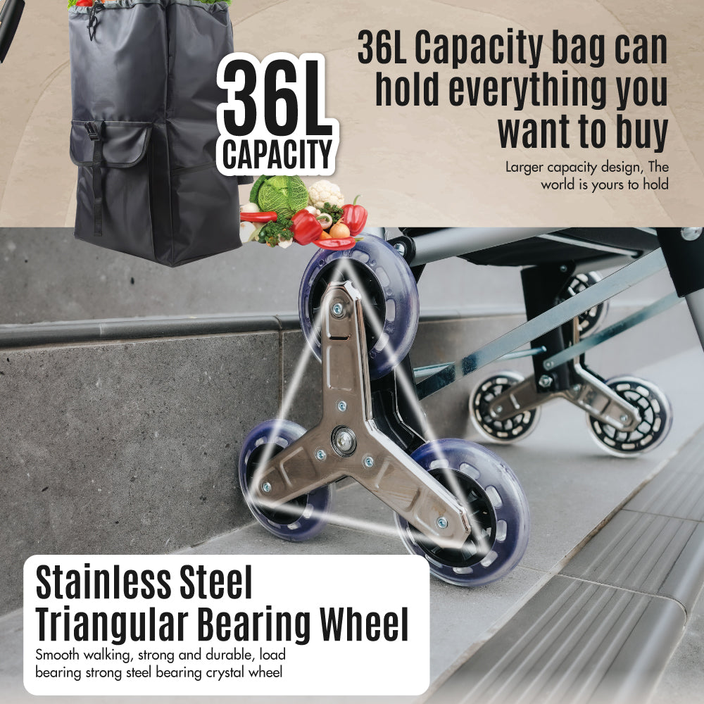 Aluminium Stair Climber Shopping Trolley with Front and Side Pockets and Aluminium Frame Stair Climber Shopping Trolley (Black)