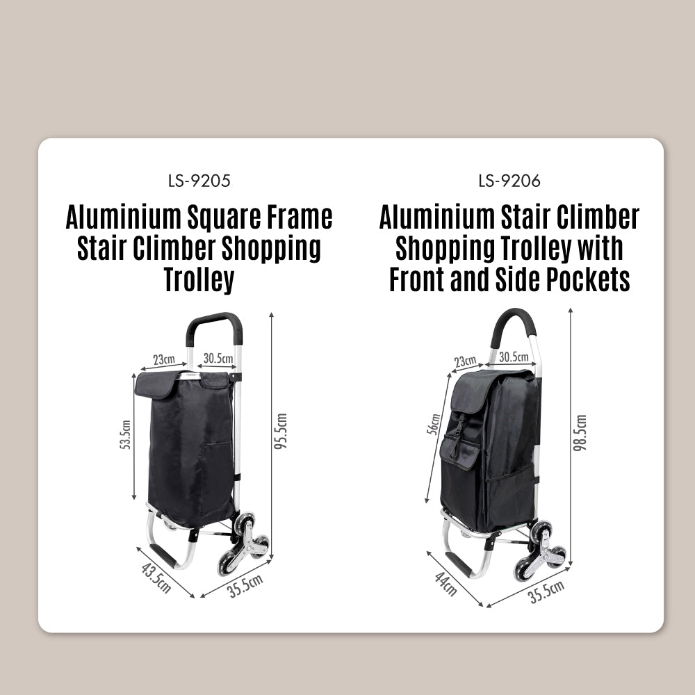 Aluminium Stair Climber Shopping Trolley with Front and Side Pockets and Aluminium Frame Stair Climber Shopping Trolley (Black)