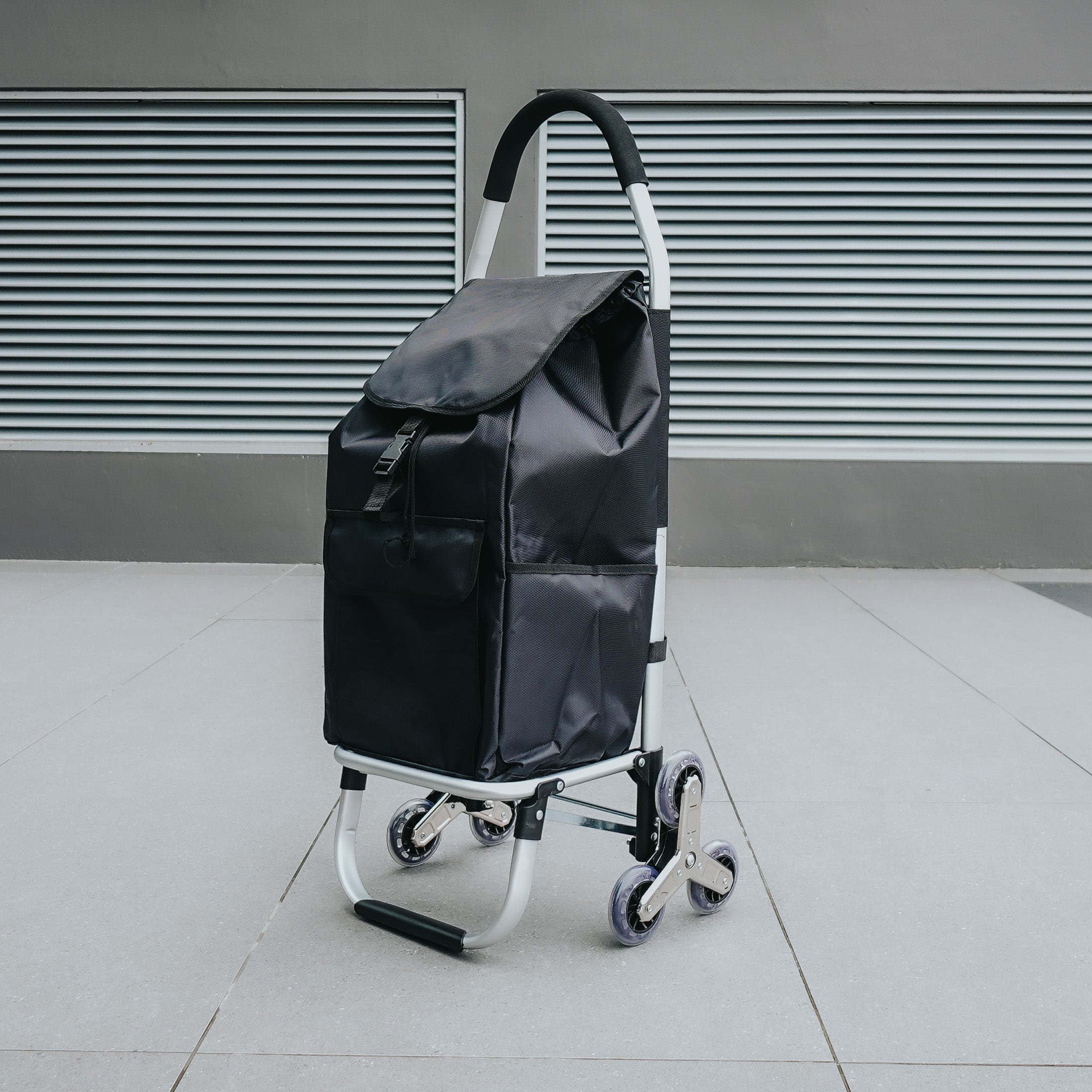 Aluminium Stair Climber Shopping Trolley with Front and Side Pockets and Aluminium Frame Stair Climber Shopping Trolley (Black)