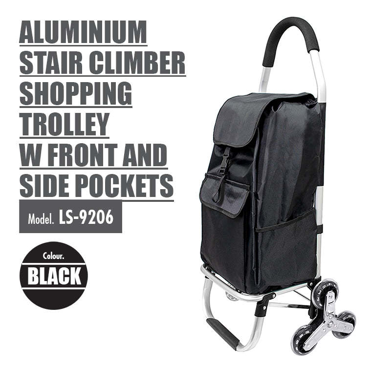 HOUZE - Aluminium Stair Climber Shopping Trolley with Front and Side Pockets (Black)