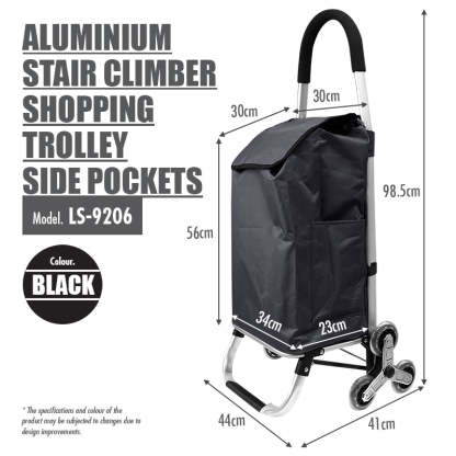 Aluminium Stair Climber Shopping Trolley with Front and Side Pockets and Aluminium Frame Stair Climber Shopping Trolley (Black)