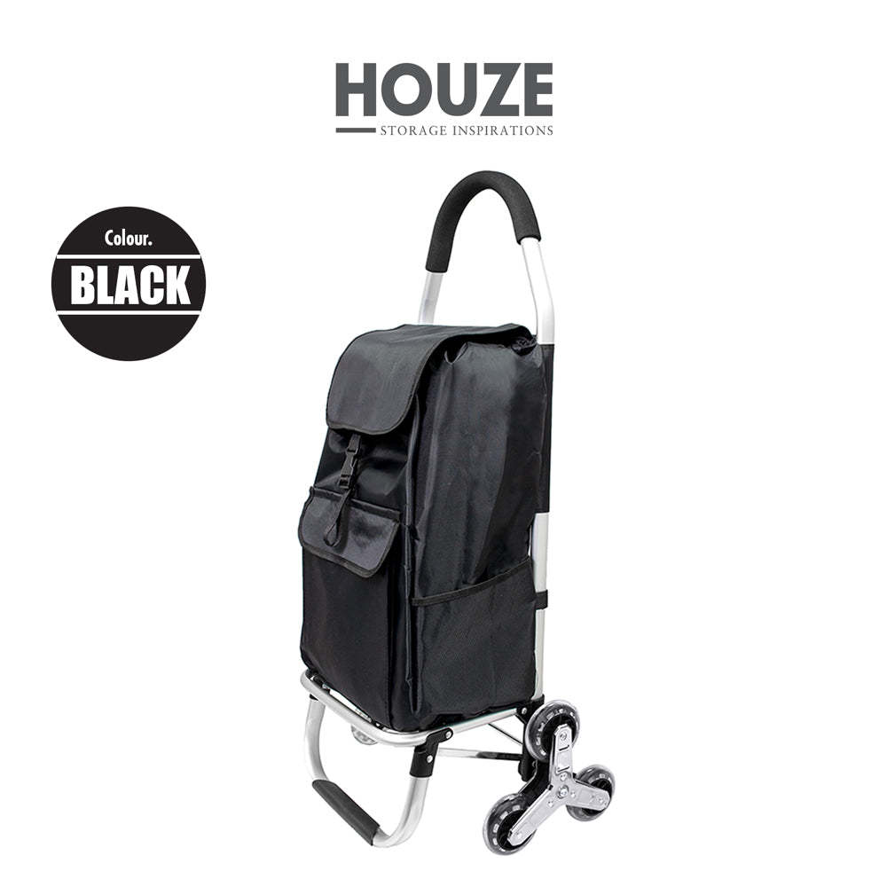 HOUZE - Aluminium Stair Climber Shopping Trolley with Front and Side Pockets (Black)