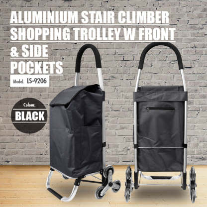Aluminium Stair Climber Shopping Trolley with Front and Side Pockets and Aluminium Frame Stair Climber Shopping Trolley (Black)