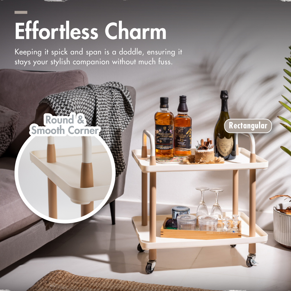 2 Tier Wheeled Rectangular | Round | Oval Side Table With Trolley (White) - Portable | Space Saver | Storage