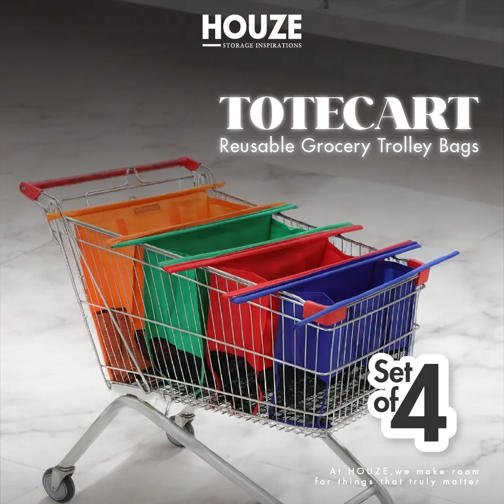 HOUZE - ToteCart Reusable Grocery Trolley Bags - Set of 4 (with Cooler Bag) For Supermarket Cart - Vibrant