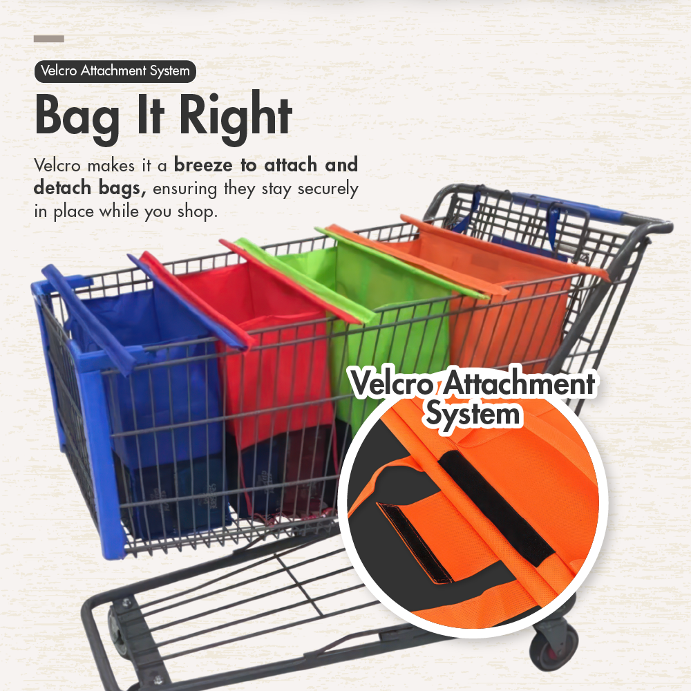 HOUZE - ToteCart Reusable Grocery Trolley Bags - Set of 4 (with Cooler Bag) For Supermarket Cart - Vibrant