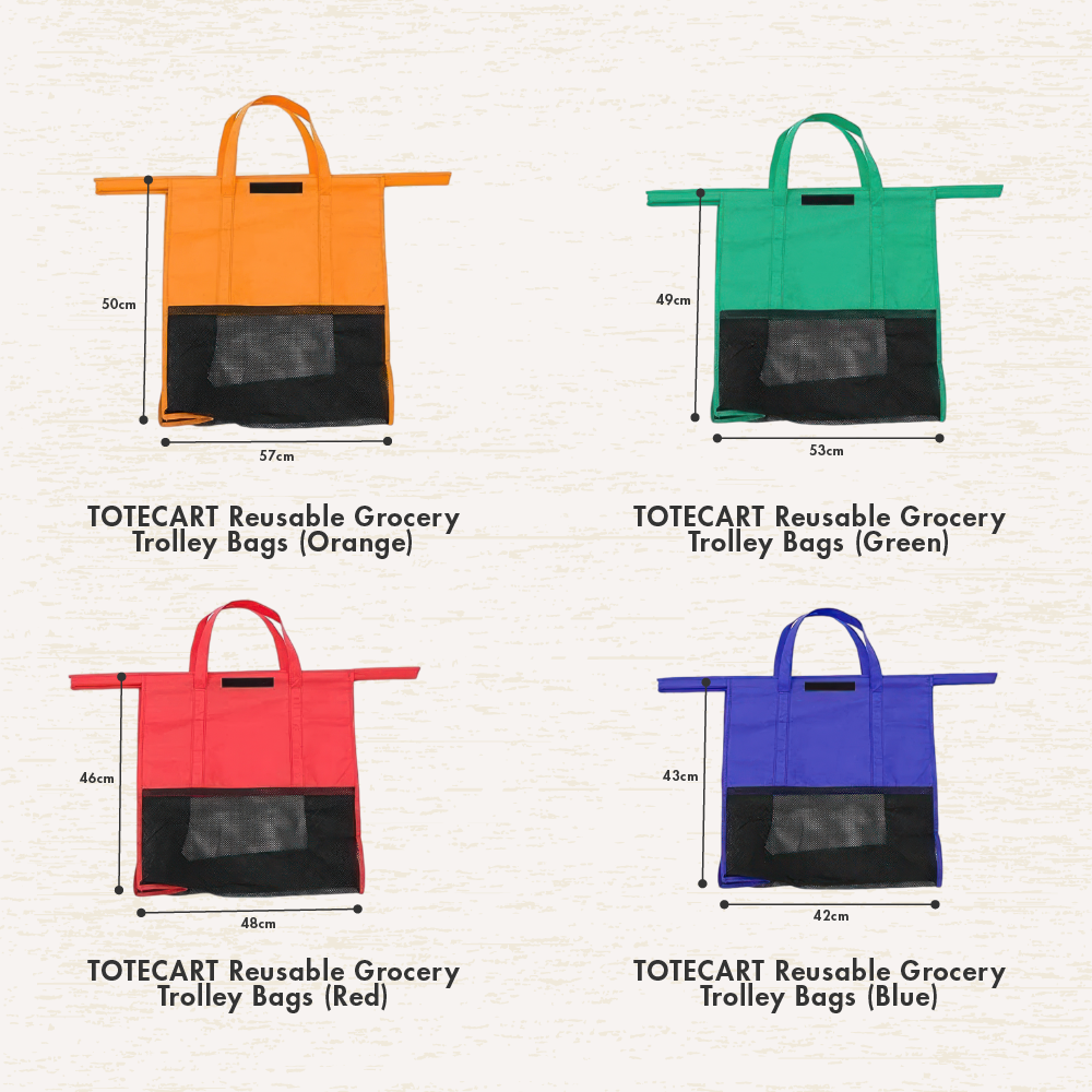 HOUZE - ToteCart Reusable Grocery Trolley Bags - Set of 4 (with Cooler Bag) For Supermarket Cart - Vibrant