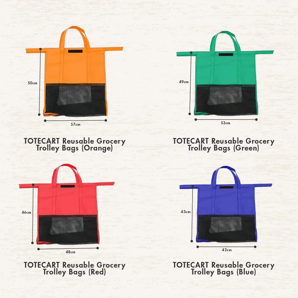 HOUZE - ToteCart Reusable Grocery Trolley Bags - Set of 4 (with Cooler Bag) For Supermarket Cart - Vibrant