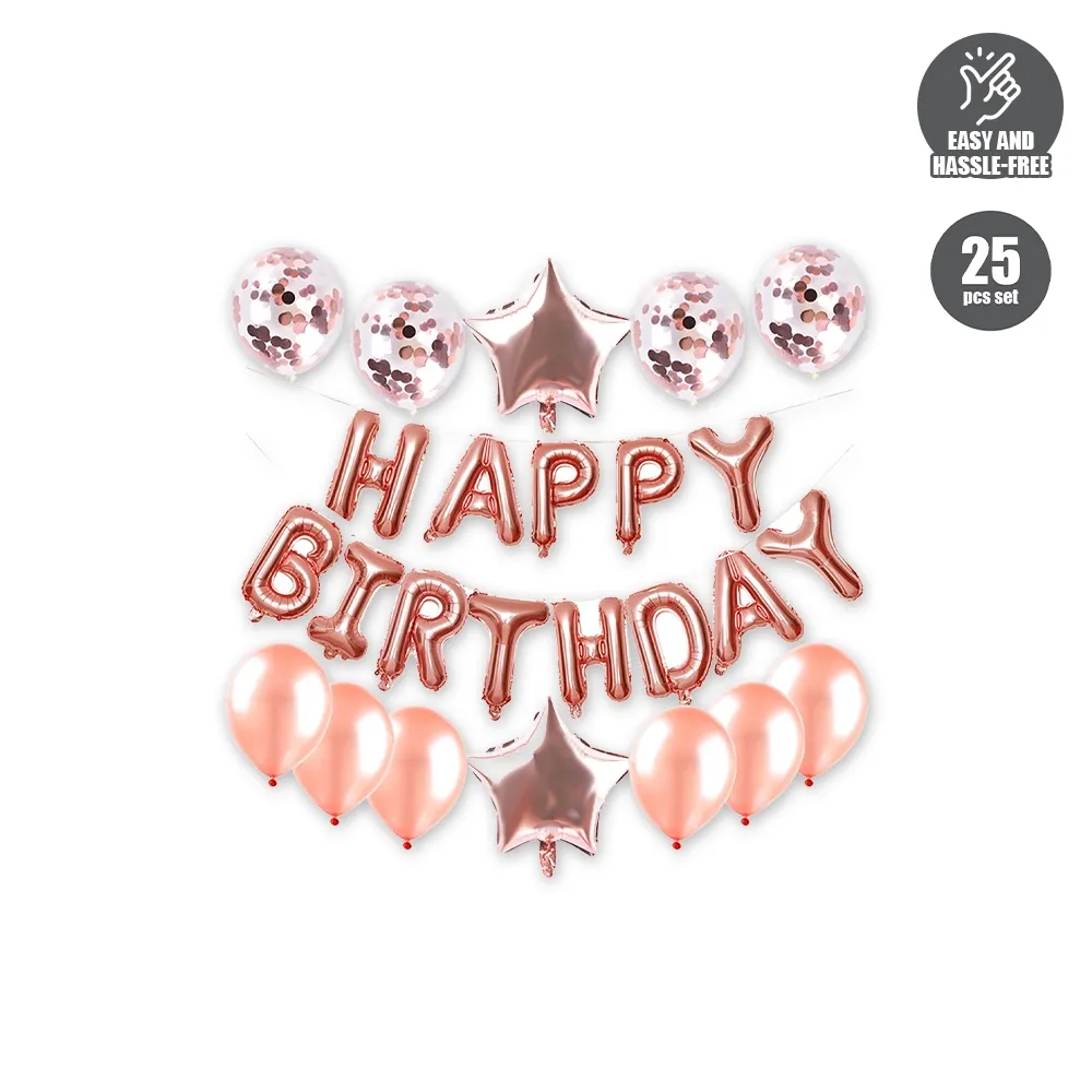 HOUZE - 25pcs Happy Birthday Balloon Set (Rose Gold/Silver) - Children | Adult | Party | Decoration