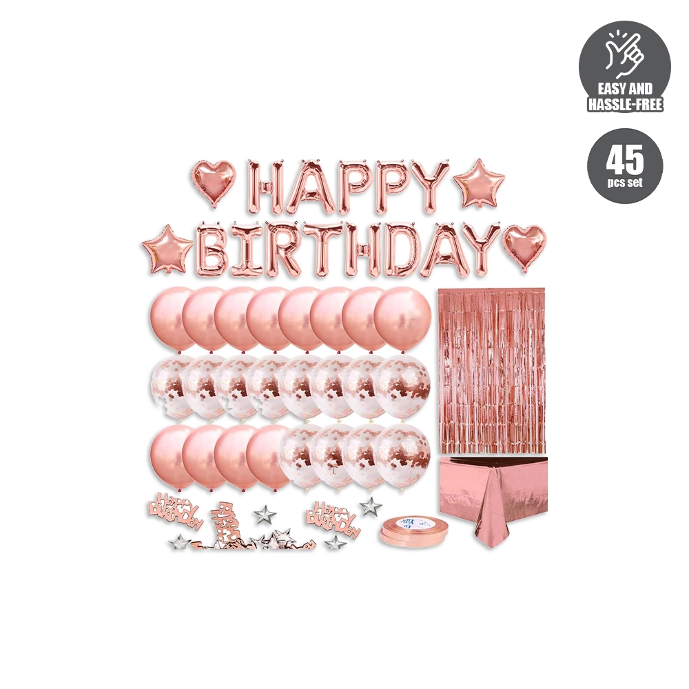 HOUZE - 45pcs Happy Birthday Tassel & Balloon Combo Set (Rose Gold/Silver) - Children | Adult | Party | Decoration