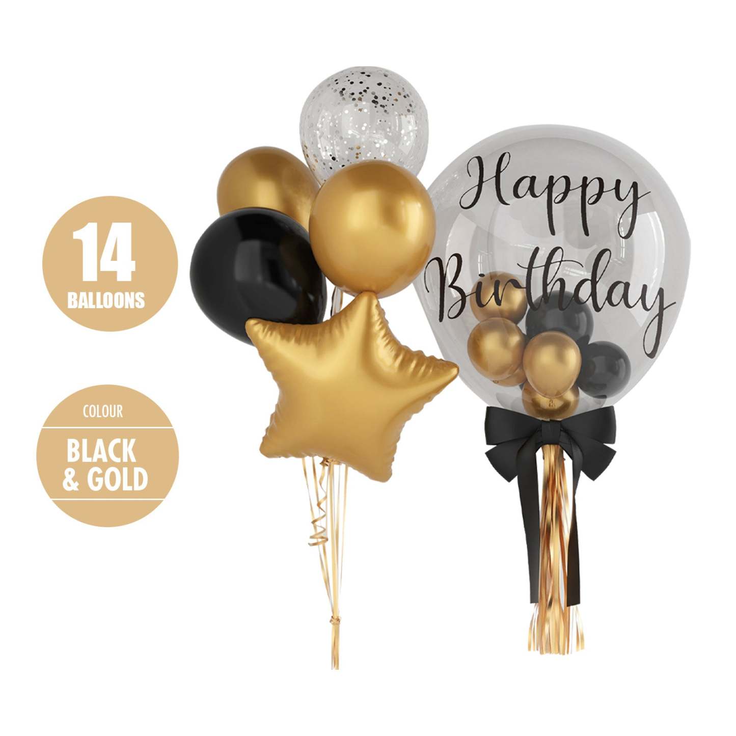 HOUZE -14pcs 'Happy Birthday'  Bubble Balloon Bouquet (Black & Gold | 24")