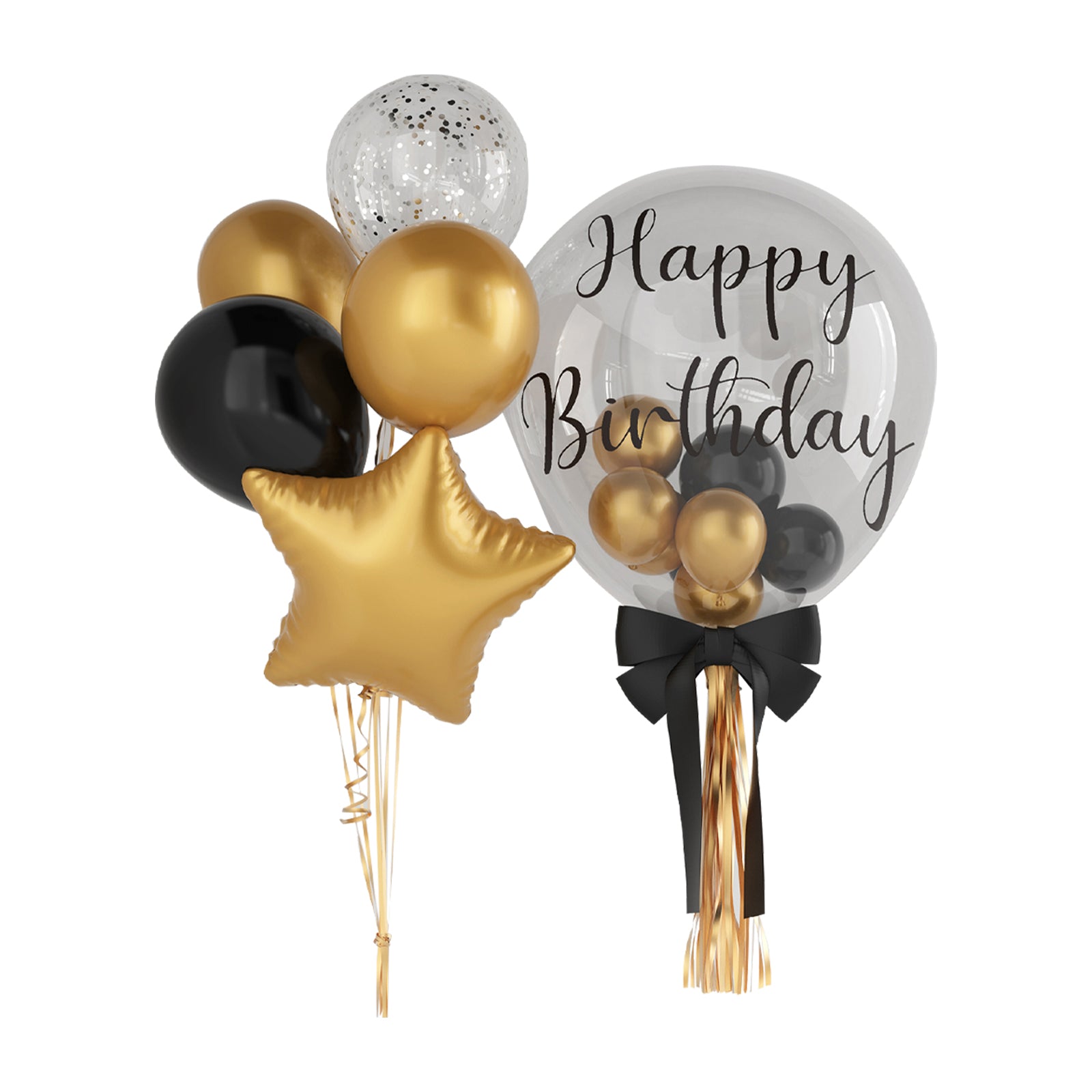 14pcs 'Happy Birthday'  Bubble Balloon Bouquet (Black & Gold | 24")