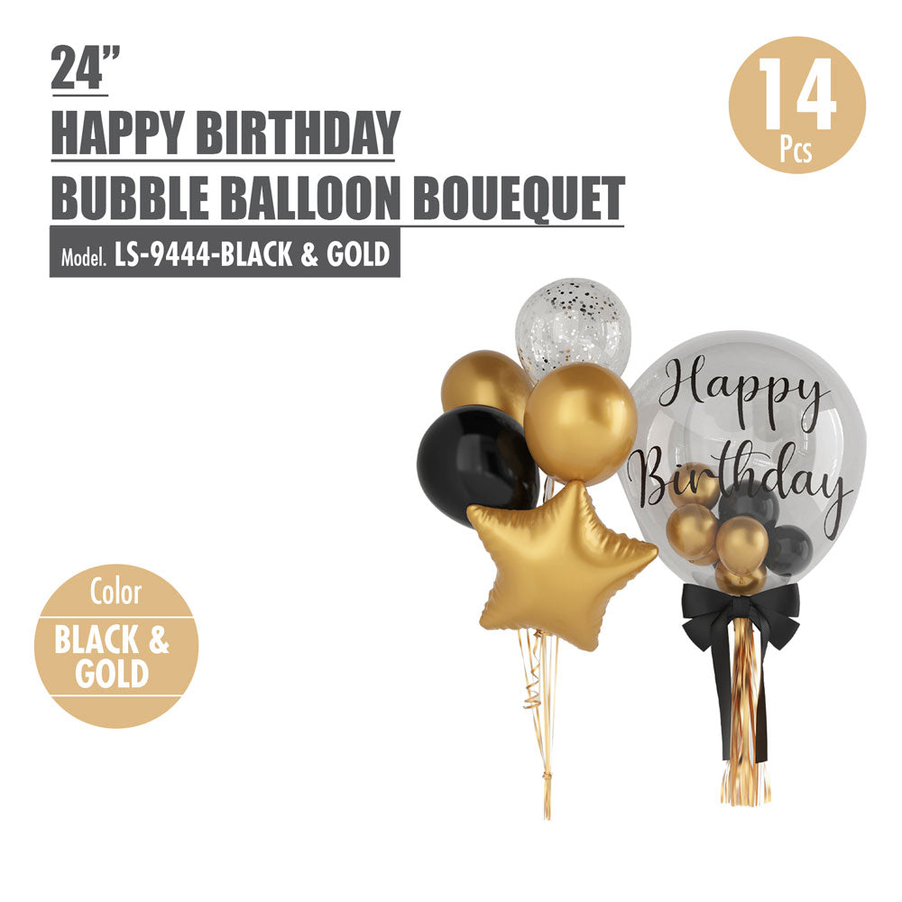 HOUZE -14pcs 'Happy Birthday'  Bubble Balloon Bouquet (Black & Gold | 24")