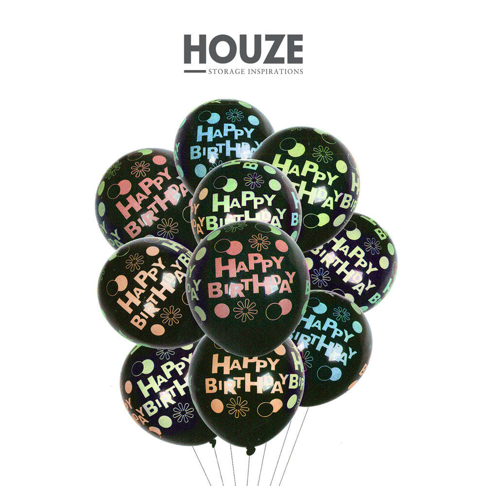 Balloons (Set of 10) - Happy Birthday on Black